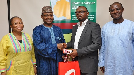 (L-r): Mrs. Ansa Ogu, director, Health Planning, Research & Statistics, Federal Ministry of Health, Dr. Faisal Shuaib, technical Advisor to Hon. Minister of State, Health, Chinda Manjor, CSR Manager, Airtel Nigeria and Dr. Oguntimehin Olukayode, permanent secretary/board secretary, Lagos State Primary Health Care Board, during the donation of mobile phones and SIM cards by Airtel Nigeria to the Ebola Isolation Centre, Yaba, Lagos, at the weekend.